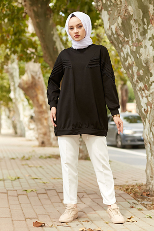 SAG Dantel Detaylı Spor Tunik 6131-1 Siyah - Thumbnail