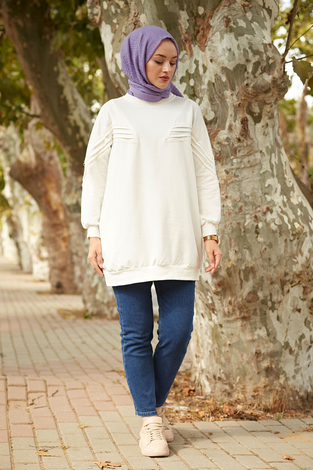 SAG Dantel Detaylı Spor Tunik 6131-2 Ekru - Thumbnail