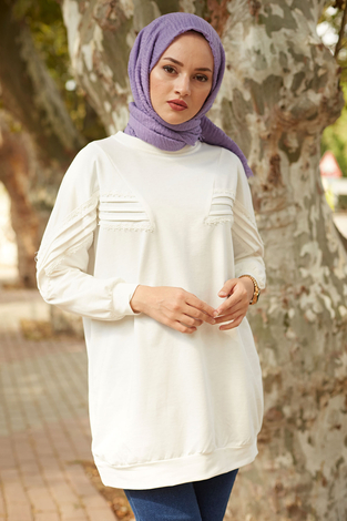 SAG Dantel Detaylı Spor Tunik 6131-2 Ekru - Thumbnail