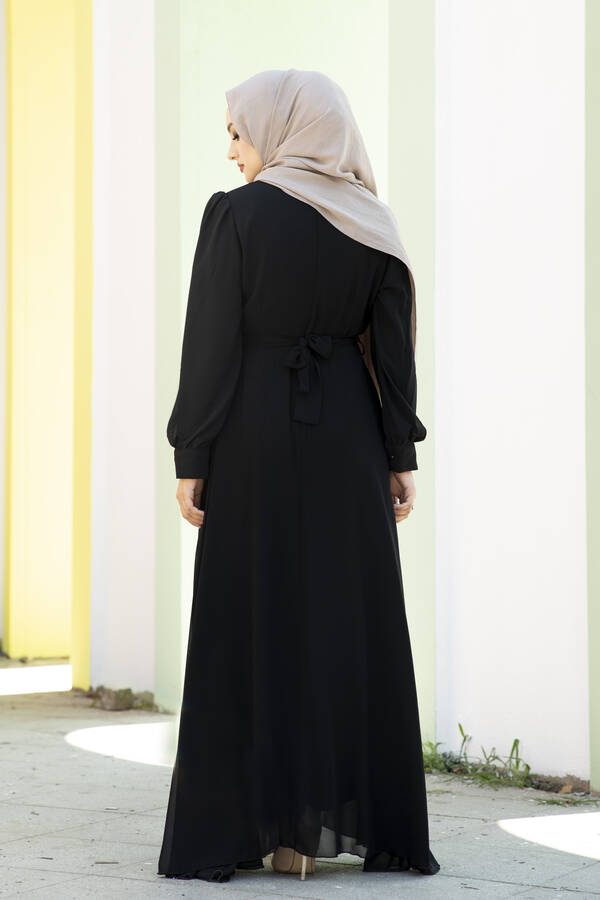 Şifon Beli Kuşaklı Tesettür Abiye Elbise Siyah