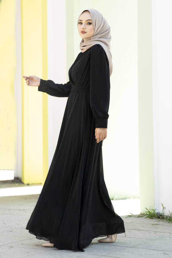 Şifon Beli Kuşaklı Tesettür Abiye Elbise Siyah