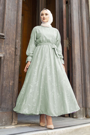 Yaprak Baskılı Şifon Tesettür Elbise 100MD10498-5 - Thumbnail