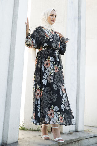 Çiçekli Şifon Tesettür Elbise 100MD11498-1 - Thumbnail