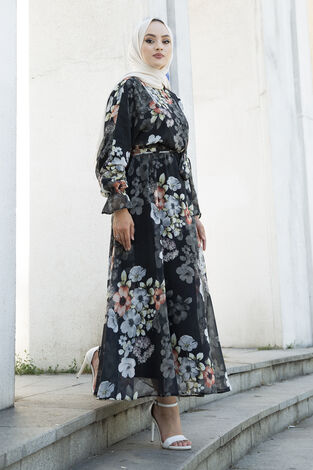 Çiçekli Şifon Tesettür Elbise 100MD11498-1 - Thumbnail