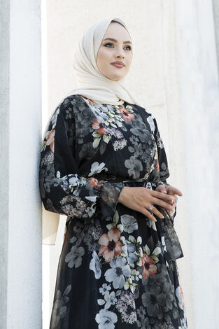 Çiçekli Şifon Tesettür Elbise 100MD11498-1 - Thumbnail