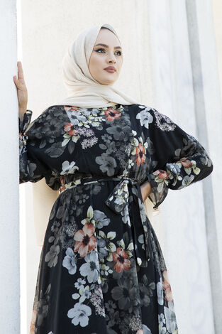 Çiçekli Şifon Tesettür Elbise 100MD11498-1 - Thumbnail