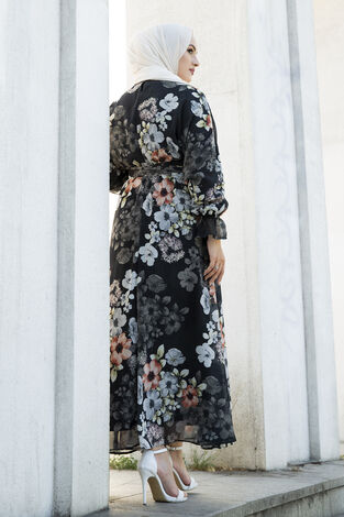 Çiçekli Şifon Tesettür Elbise 100MD11498-1 - Thumbnail