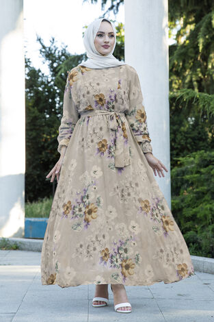 Çiçekli Şifon Tesettür Elbise 100MD11498-3 - Thumbnail