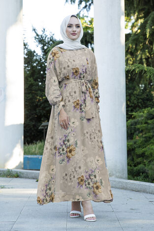 Çiçekli Şifon Tesettür Elbise 100MD11498-3 - Thumbnail