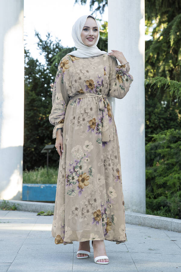 Çiçekli Şifon Tesettür Elbise 100MD11498-3