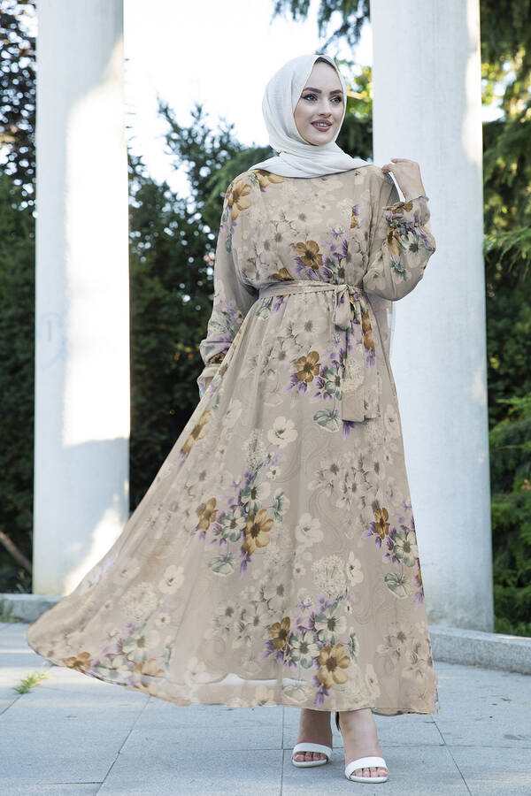 Çiçekli Şifon Tesettür Elbise 100MD11498-3