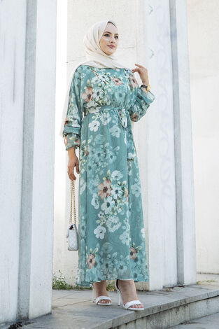 Çiçekli Şifon Tesettür Elbise 100MD11498-4 - Thumbnail