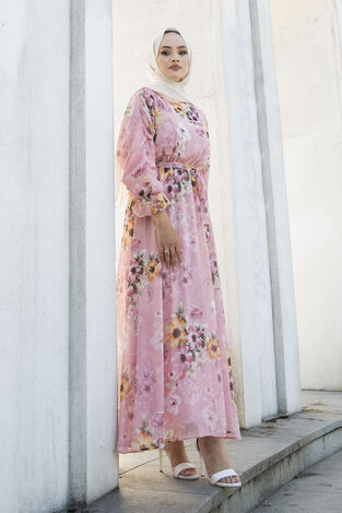 Çiçekli Şifon Elbise 100MD11498-5 - Thumbnail