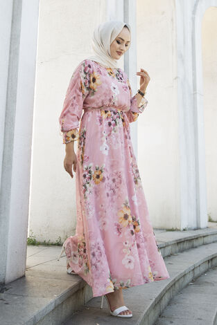 Çiçekli Şifon Elbise 100MD11498-5 - Thumbnail