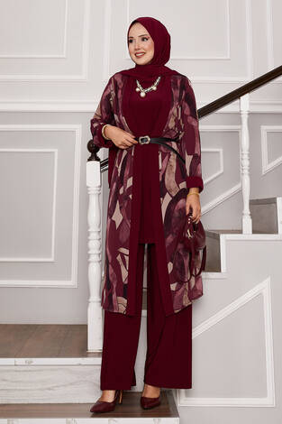 Şifon Kimono Detaylı Üçlü Kombin Bordo - Thumbnail