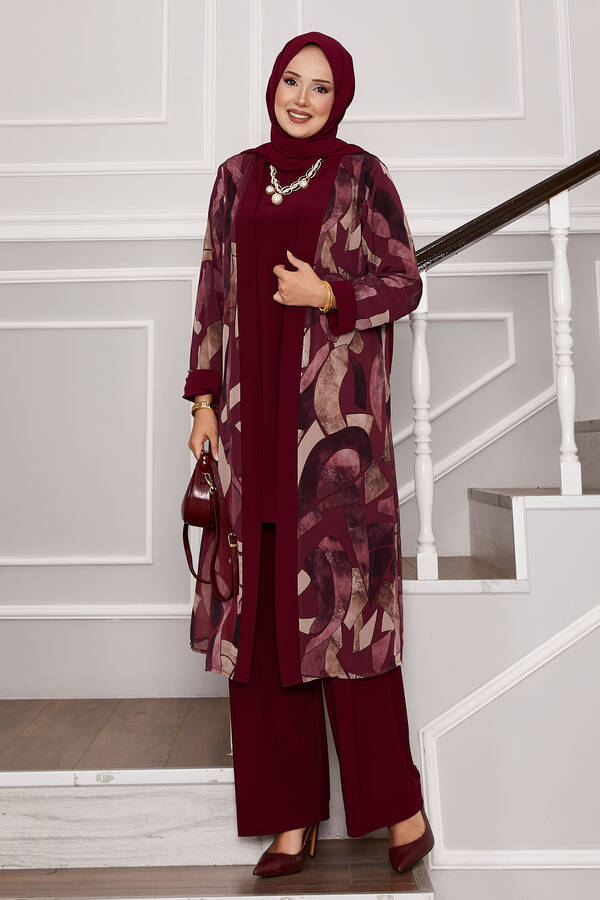 Şifon Kimono Detaylı Üçlü Kombin Bordo Şifon Kimono Detaylı Üçlü Kombin Bordo