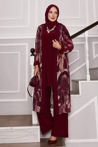 Şifon Kimono Detaylı Üçlü Kombin Bordo - Thumbnail