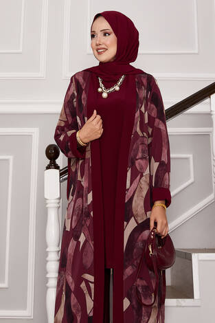 Şifon Kimono Detaylı Üçlü Kombin Bordo - Thumbnail