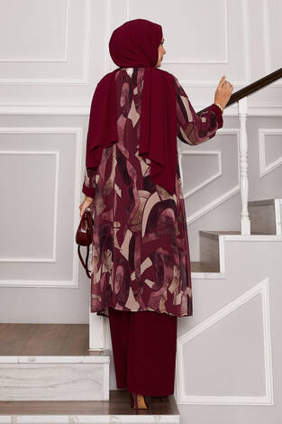 Şifon Kimono Detaylı Üçlü Kombin Bordo - Thumbnail