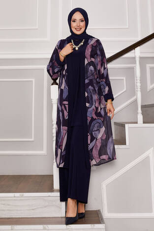 Şifon Kimono Detaylı Üçlü Kombin Lacivert - Thumbnail