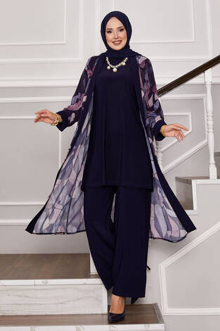 Şifon Kimono Detaylı Üçlü Kombin Lacivert - Thumbnail