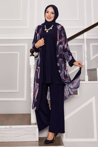 Şifon Kimono Detaylı Üçlü Kombin Lacivert - Thumbnail