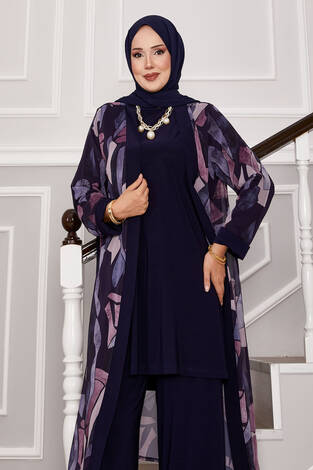 Şifon Kimono Detaylı Üçlü Kombin Lacivert - Thumbnail