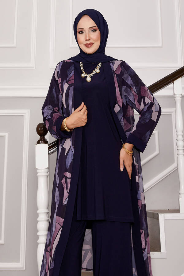 Mat - Şifon Kimono Detaylı Üçlü Kombin Lacivert (1) Mat - Şifon Kimono Detaylı Üçlü Kombin Lacivert (1)