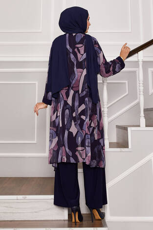 Şifon Kimono Detaylı Üçlü Kombin Lacivert - Thumbnail