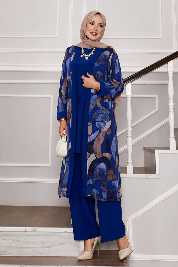 Şifon Kimono Detaylı Üçlü Kombin Saks Şifon Kimono Detaylı Üçlü Kombin Saks