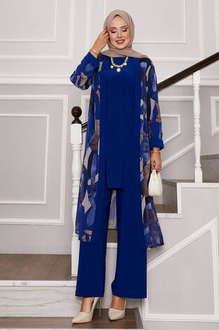 Şifon Kimono Detaylı Üçlü Kombin Saks - Thumbnail