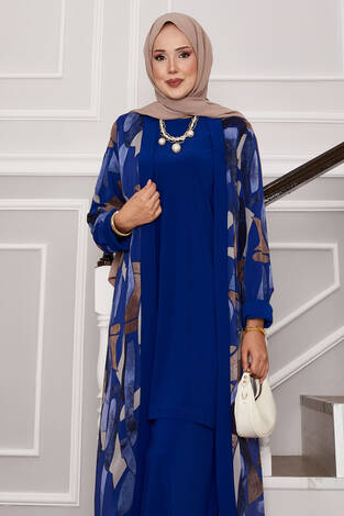Şifon Kimono Detaylı Üçlü Kombin Saks - Thumbnail