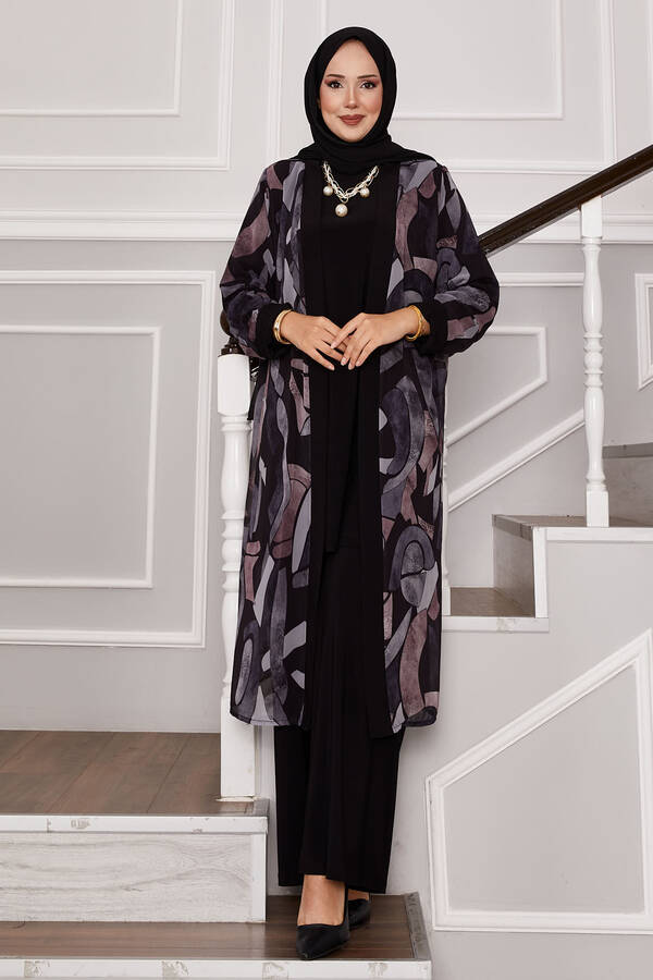 Şifon Kimono Detaylı Üçlü Kombin Siyah Şifon Kimono Detaylı Üçlü Kombin Siyah
