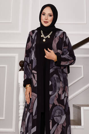 Şifon Kimono Detaylı Üçlü Kombin Siyah - Thumbnail
