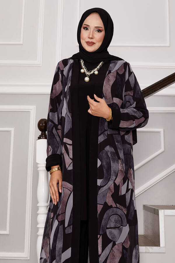 Mat - Şifon Kimono Detaylı Üçlü Kombin Siyah (1) Mat - Şifon Kimono Detaylı Üçlü Kombin Siyah (1)