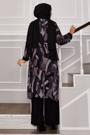 Şifon Kimono Detaylı Üçlü Kombin Siyah - Thumbnail
