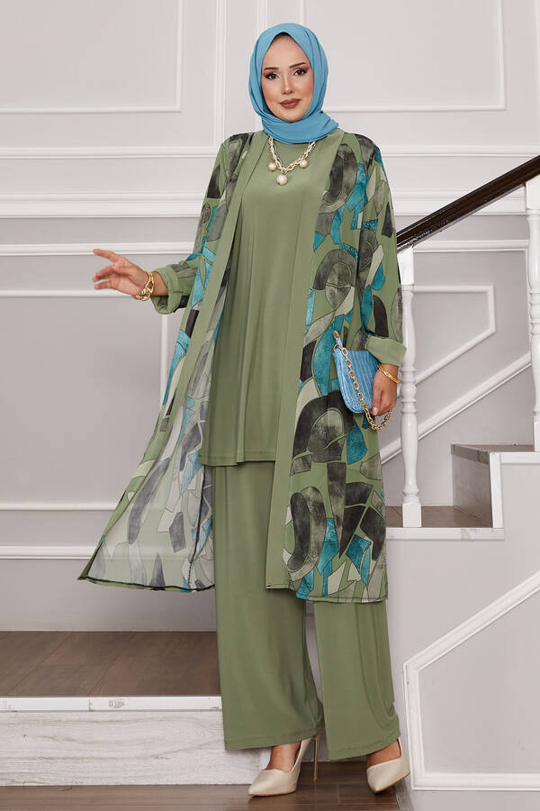 Şifon Kimono Detaylı Üçlü Kombin Yağ Yeşil Şifon Kimono Detaylı Üçlü Kombin Yağ Yeşil