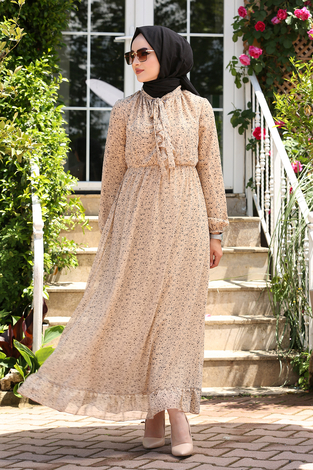 Şifon Kravatlı Elbise 180SB-8285 Camel - Thumbnail