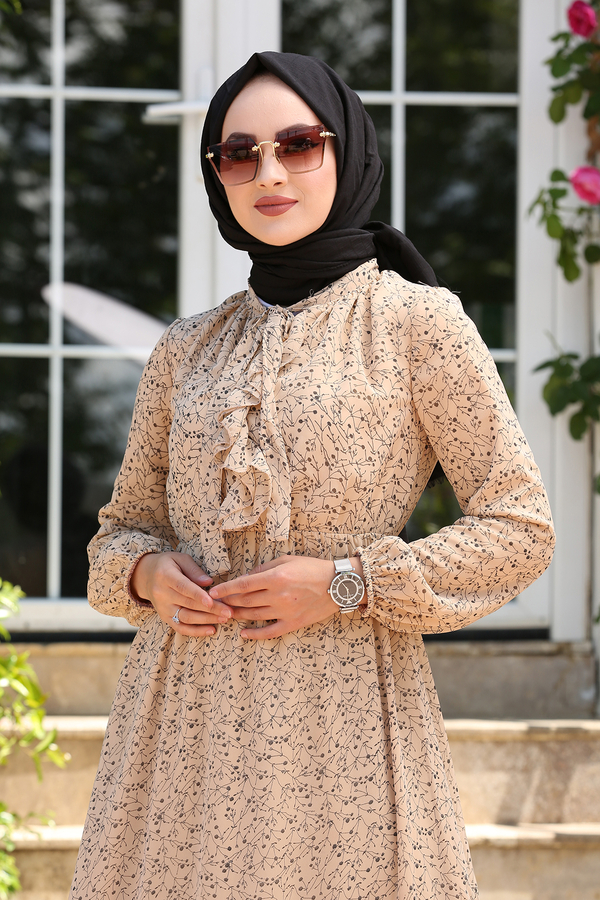 SB - Şifon Kravatlı Elbise 180SB-8285 Camel (1)