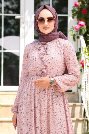 Şifon Kravatlı Elbise 180SB-8285 Pembe - Thumbnail