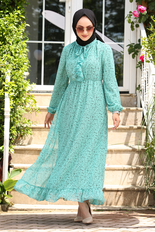 Şifon Kravatlı Elbise 180SB-8285 Su Yeşili - Thumbnail