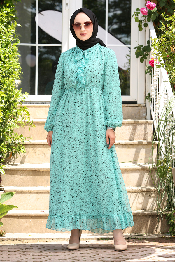 Şifon Kravatlı Elbise 180SB-8285 Su Yeşili
