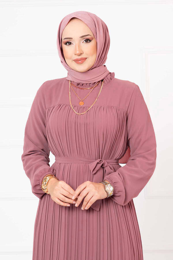 Pol - Kuşaklı Piliseli Şifon Tesettür Elbise Pudra (1)