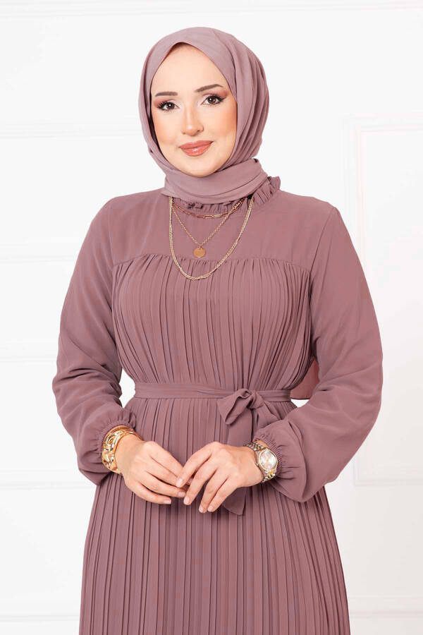 Pol - Kuşaklı Piliseli Şifon Tesettür Tesettür Elbise Gülkurusu (1)