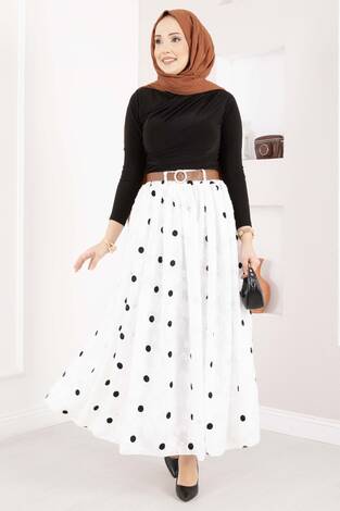 Şifon Puantiyeli Balon Etek Beyaz - Thumbnail