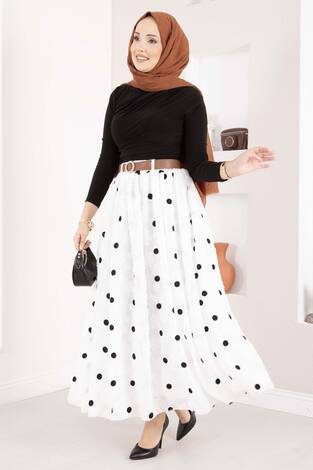 Şifon Puantiyeli Balon Etek Beyaz - Thumbnail