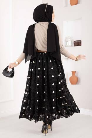 Şifon Puantiyeli Balon Etek Siyah - Thumbnail