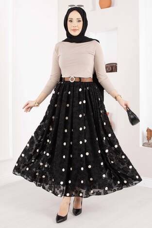 Şifon Puantiyeli Balon Etek Siyah - Thumbnail