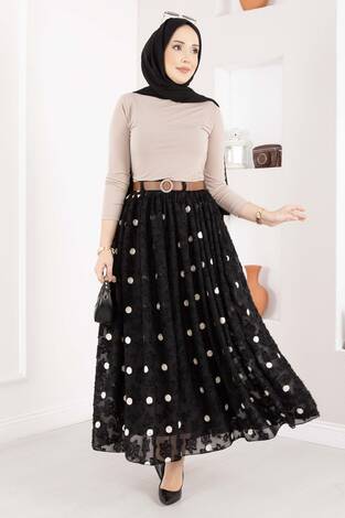 Şifon Puantiyeli Balon Etek Siyah - Thumbnail