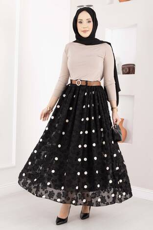 Şifon Puantiyeli Balon Etek Siyah - Thumbnail